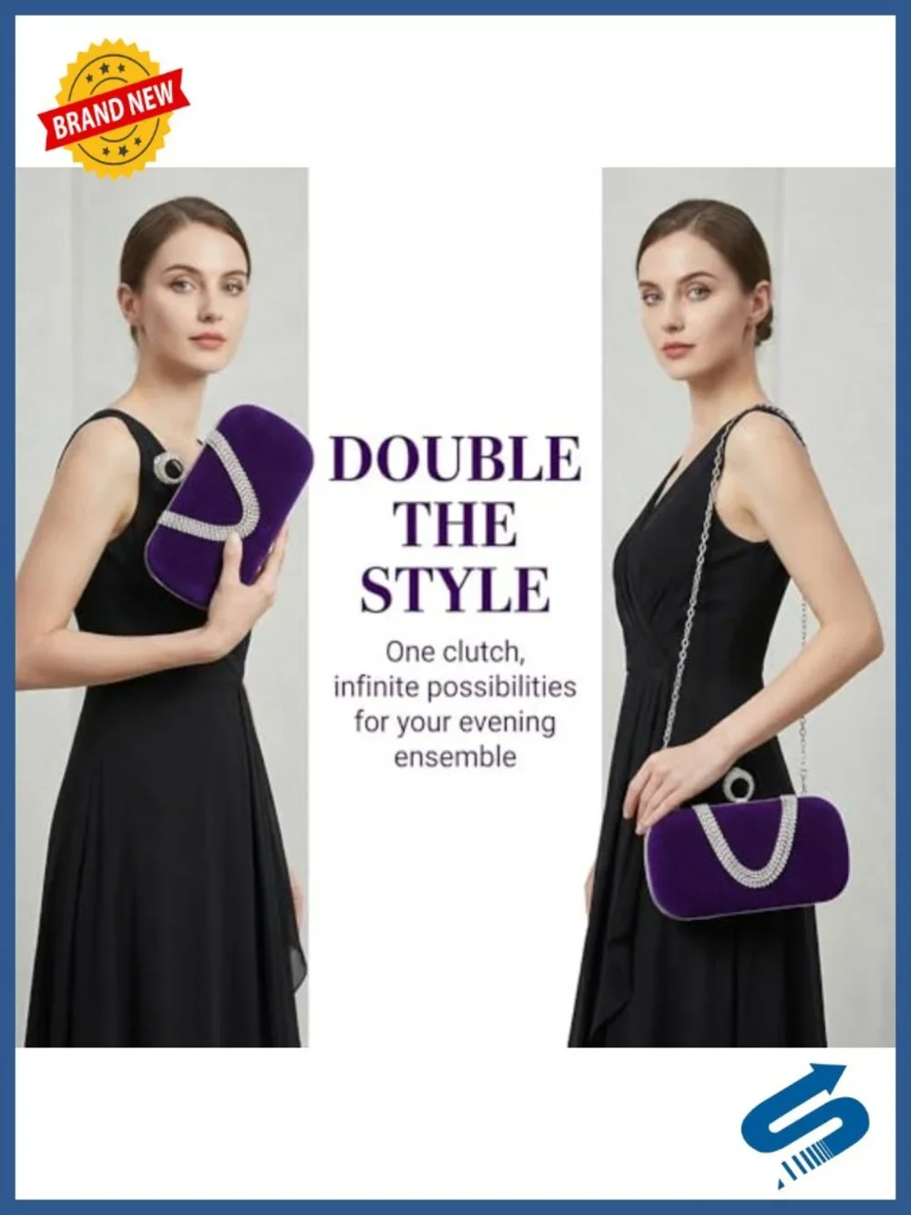 Rhinestone U Shaped Evening Clutch Bag with Removable Chain